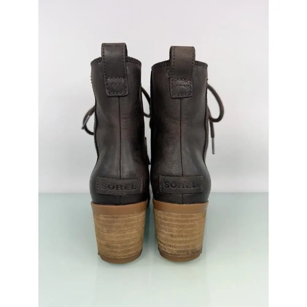 Sorel Cate Lace Bootie Dark Brown Leather Ankle Boots Block Heel Sz 6 Heritage - Picture 3 of 9